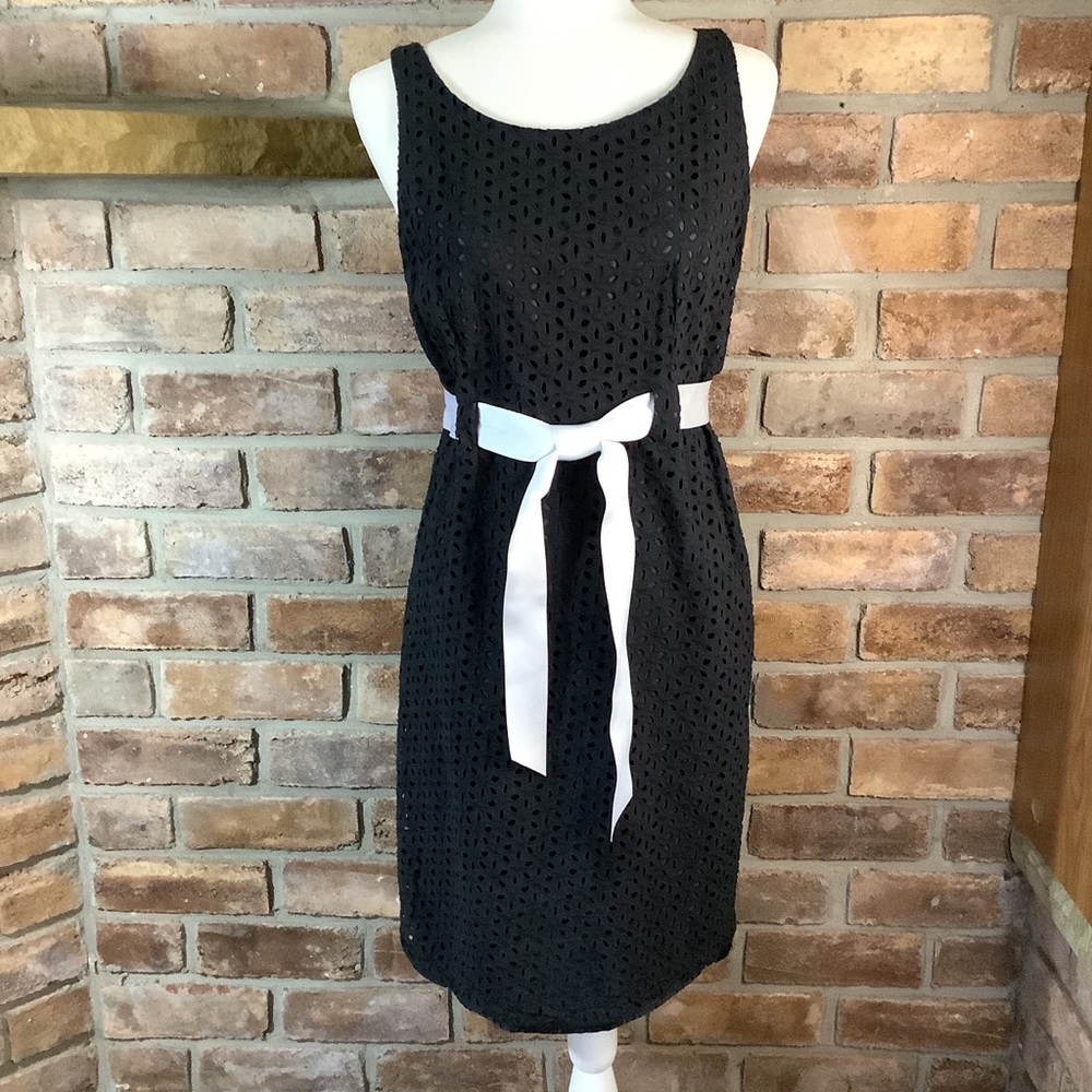 invisible back zip closuSHERI MARTIN NEW YORK Sleeveless Black Eyelet Dr…